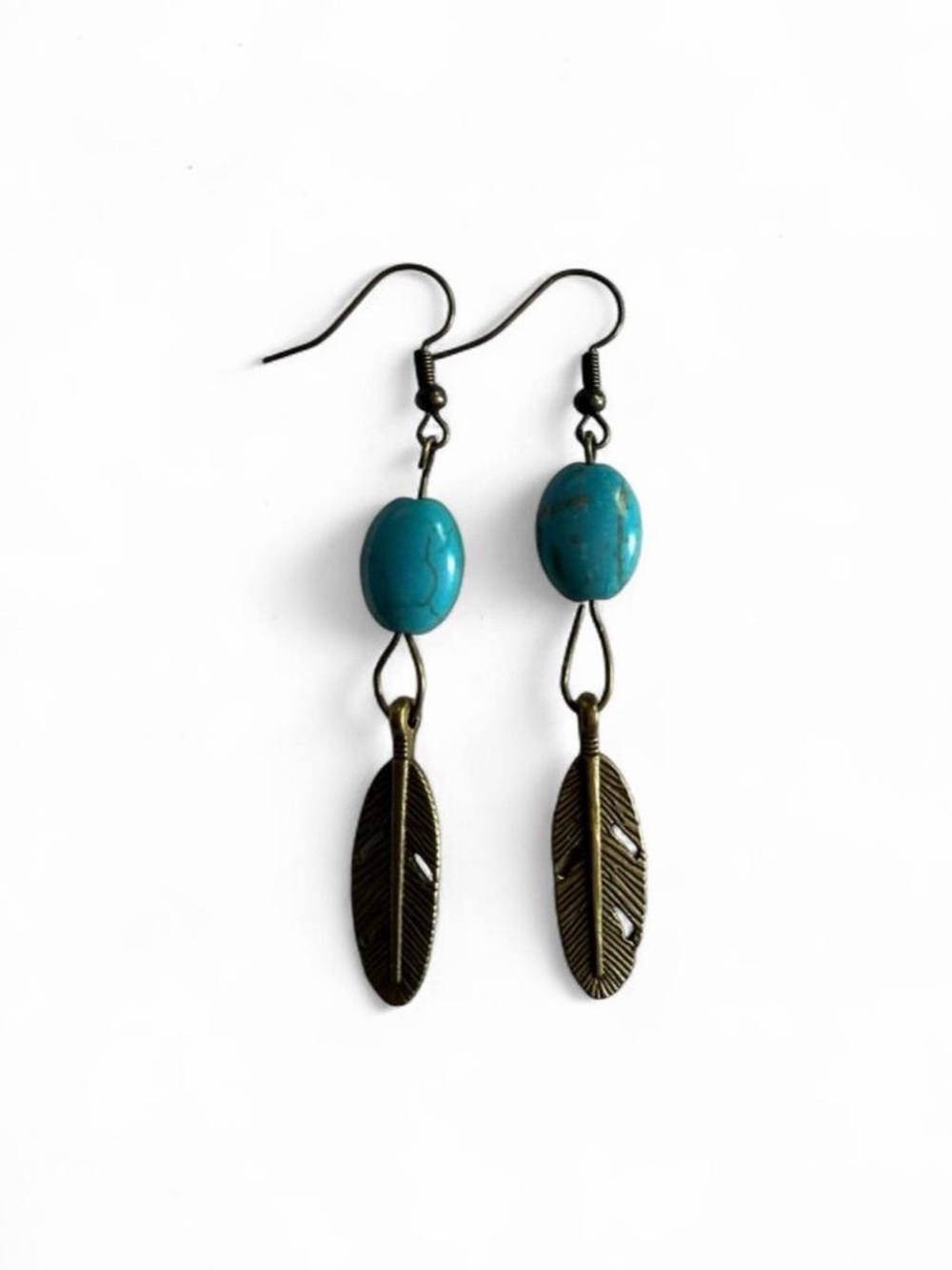Handmade Turquoise & Bronze Feather Boho Drop Earrings
